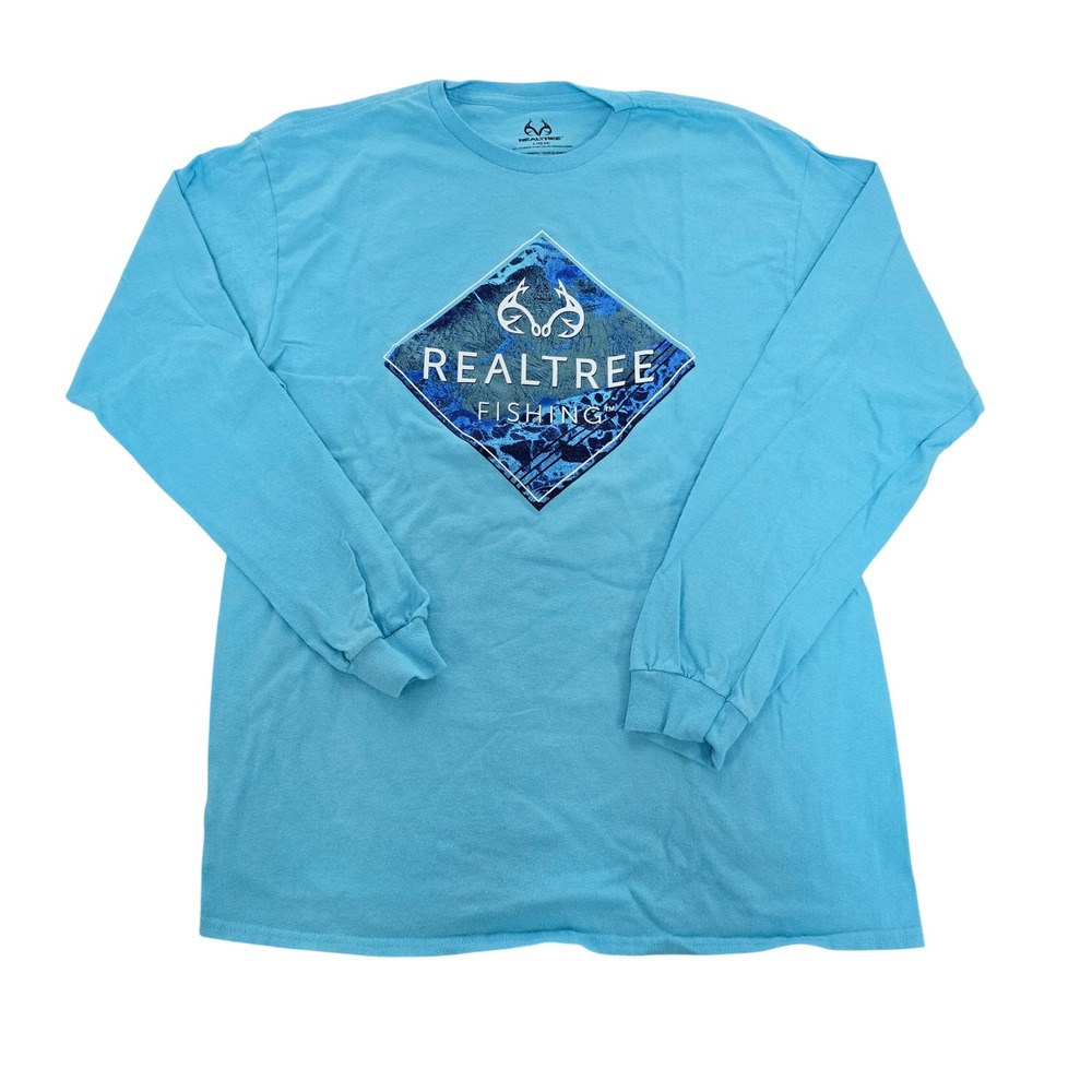 Realtree Fishing Mens Long Sleeve Graphic T-Shirt Light Blue Large‎ L 42-44 EUC